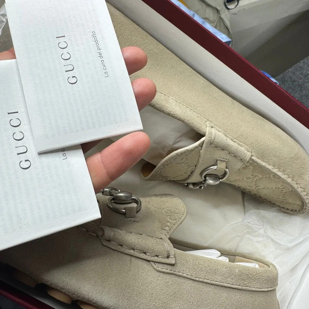 Gucci Loafers Mens Size 8 Beige Suede Horsebit GG Monogram Driving Shoes Italy